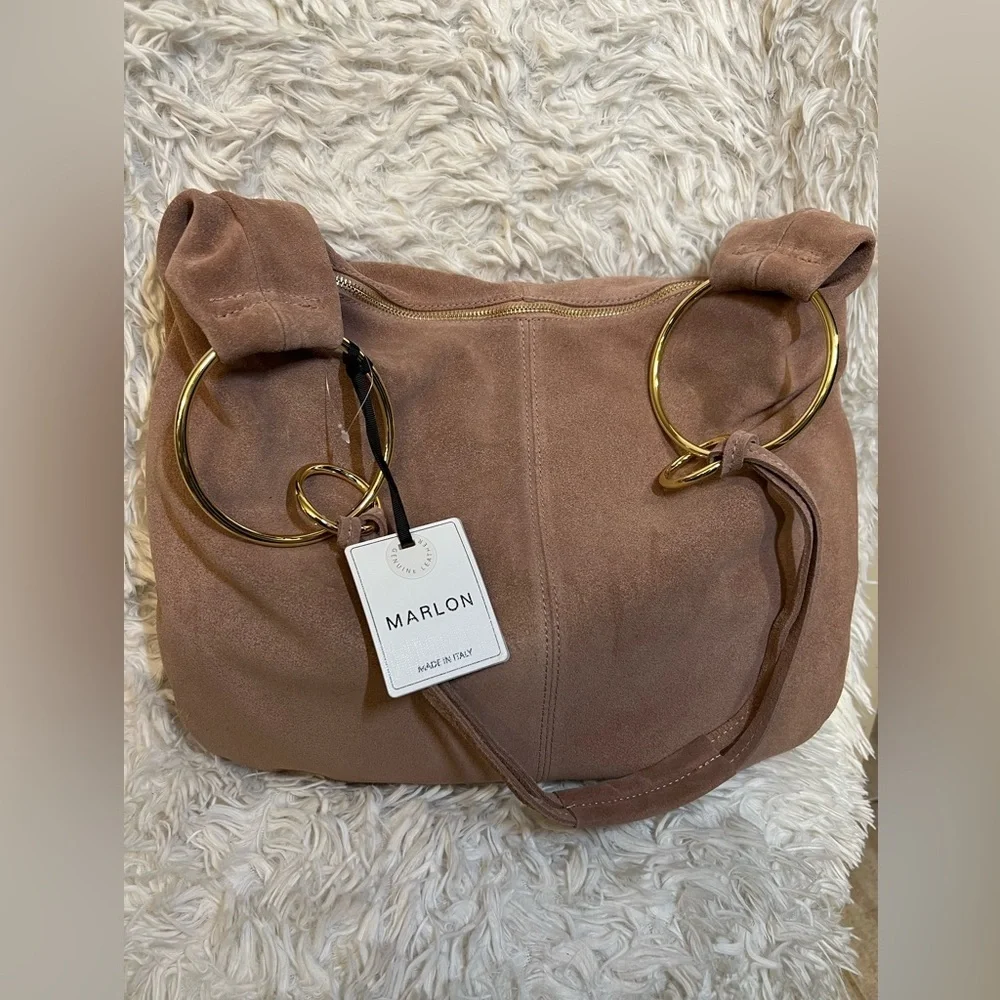 🩷NWT-MARLON GORGEOUS Made In Italy Genuine Suede Leather Circle Handle Hobo🩷